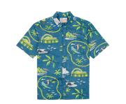 Blue shirt with tropical pattern on a white background
