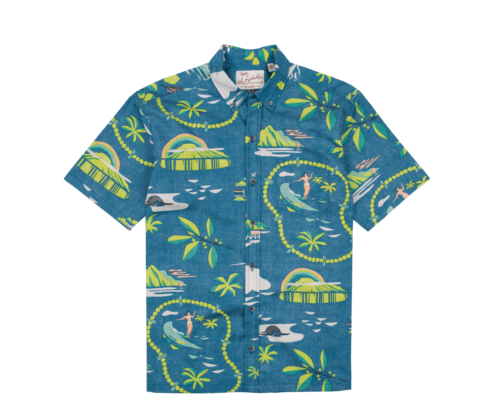 Blue shirt with tropical pattern on a white background