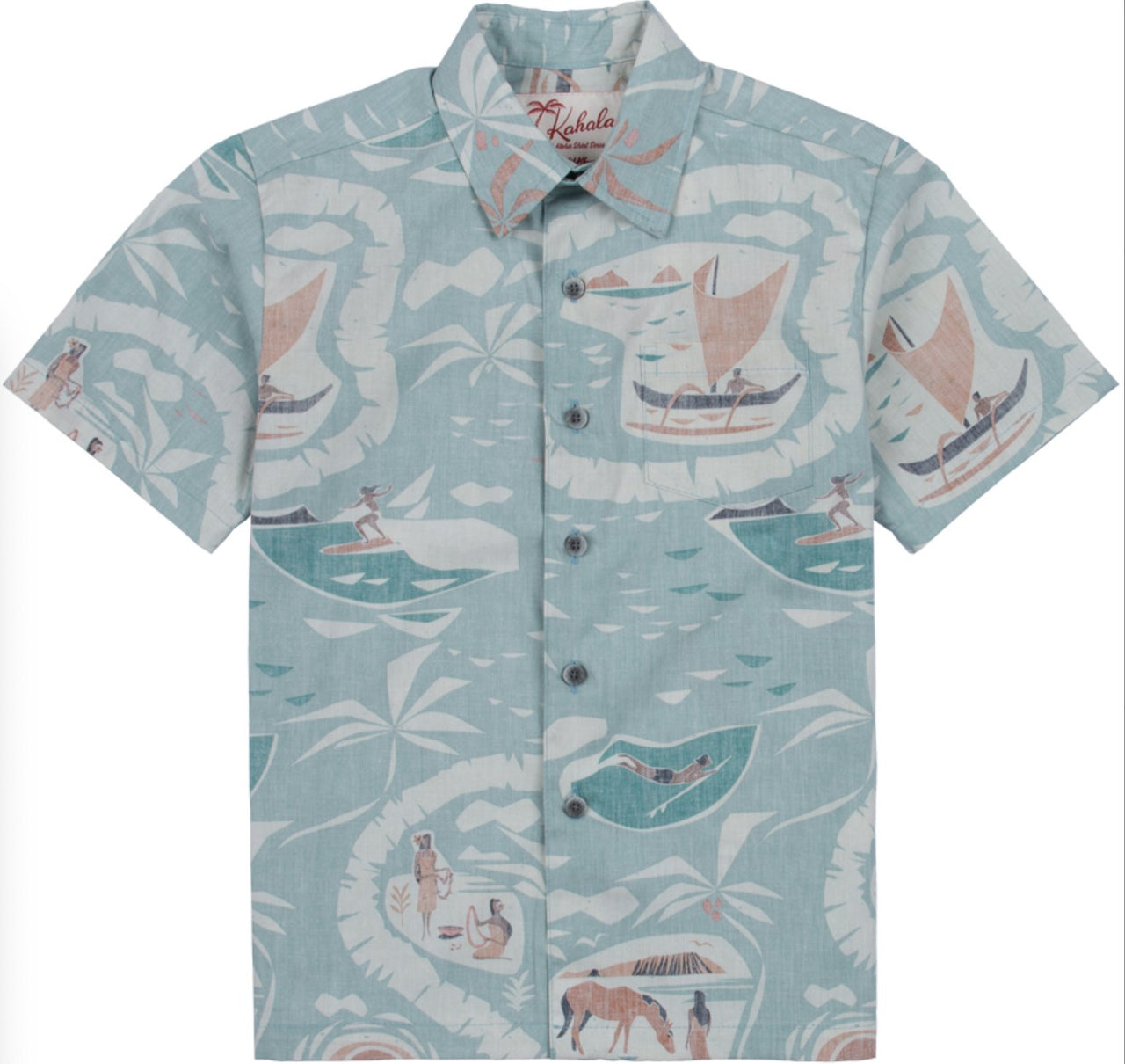 100% cotton broadcloth kids aloha shirt featuring Nick Kuchar's art, celebrating O‘ahu. Matched pocket. made in Hawaii.