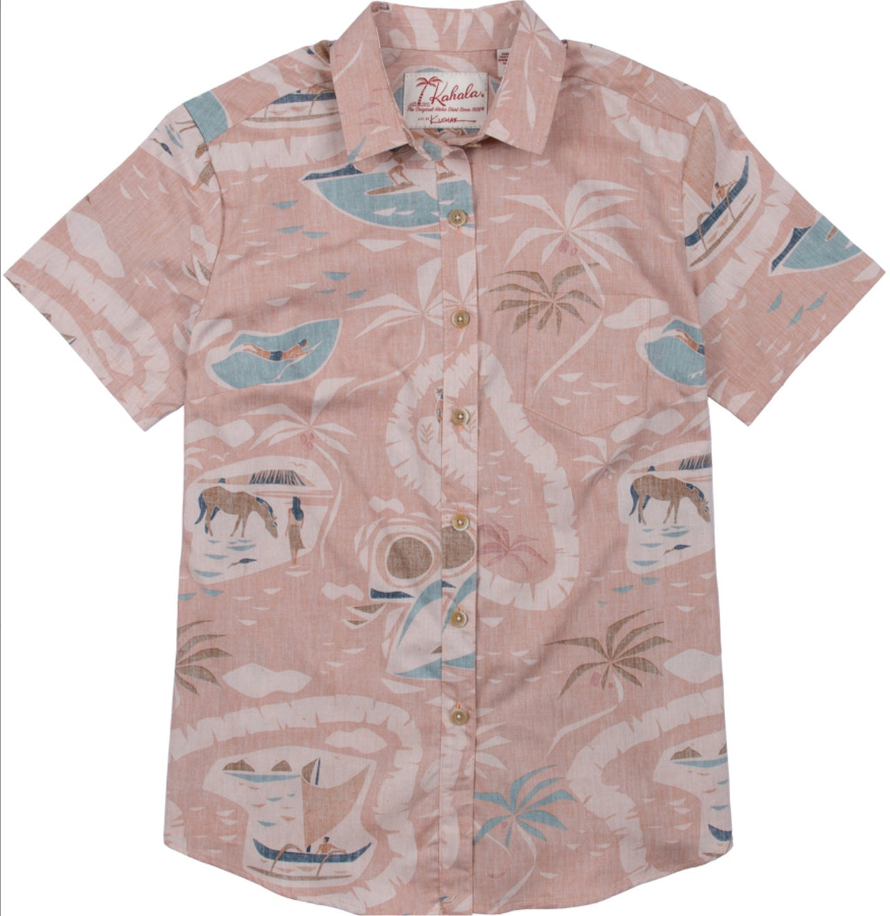 100% cotton broadcloth womens aloha shirt featuring Nick Kuchar's art, celebrating O‘ahu. Matched pocket. made in Hawaii.