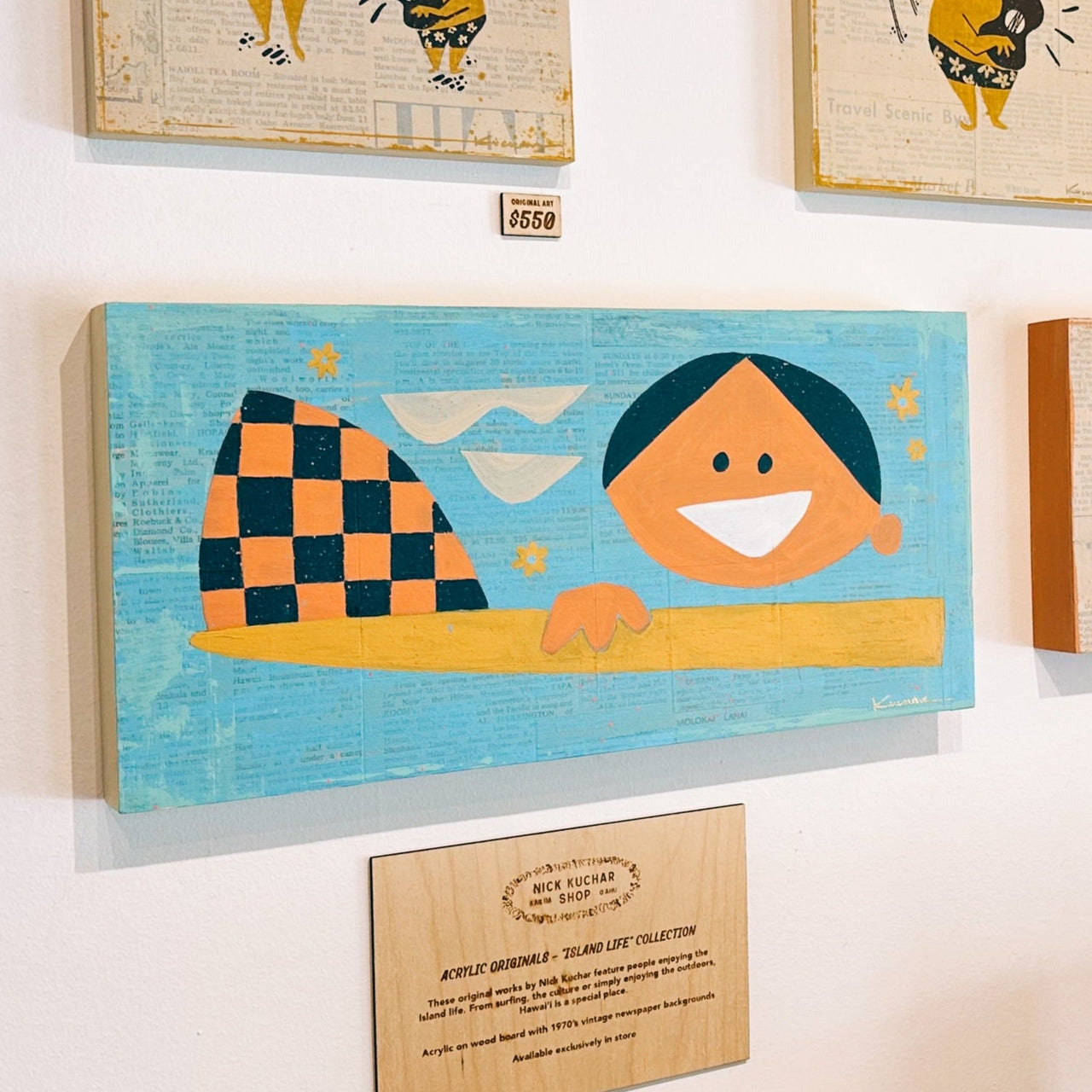 aqua surfing child and newspaper mixed media art original