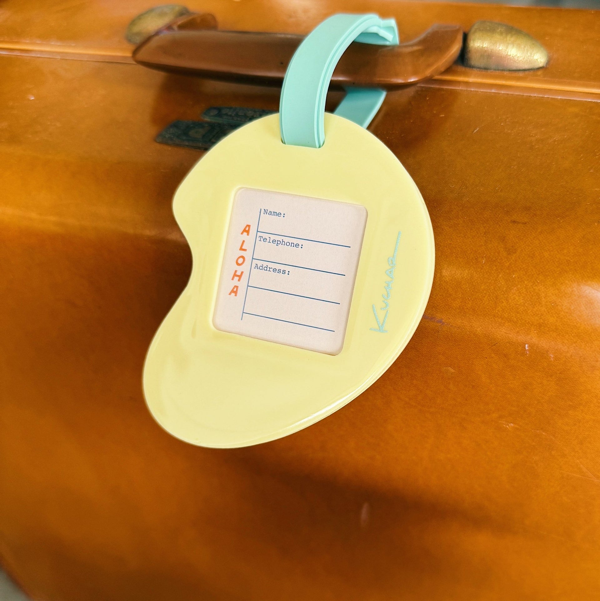 Vintage suitcase with a green luggage tag attached