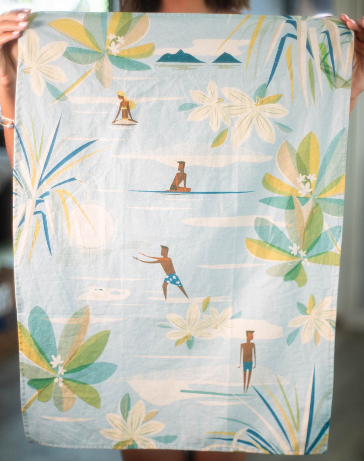 kitchen tea towel with hawaii artwork in light blue