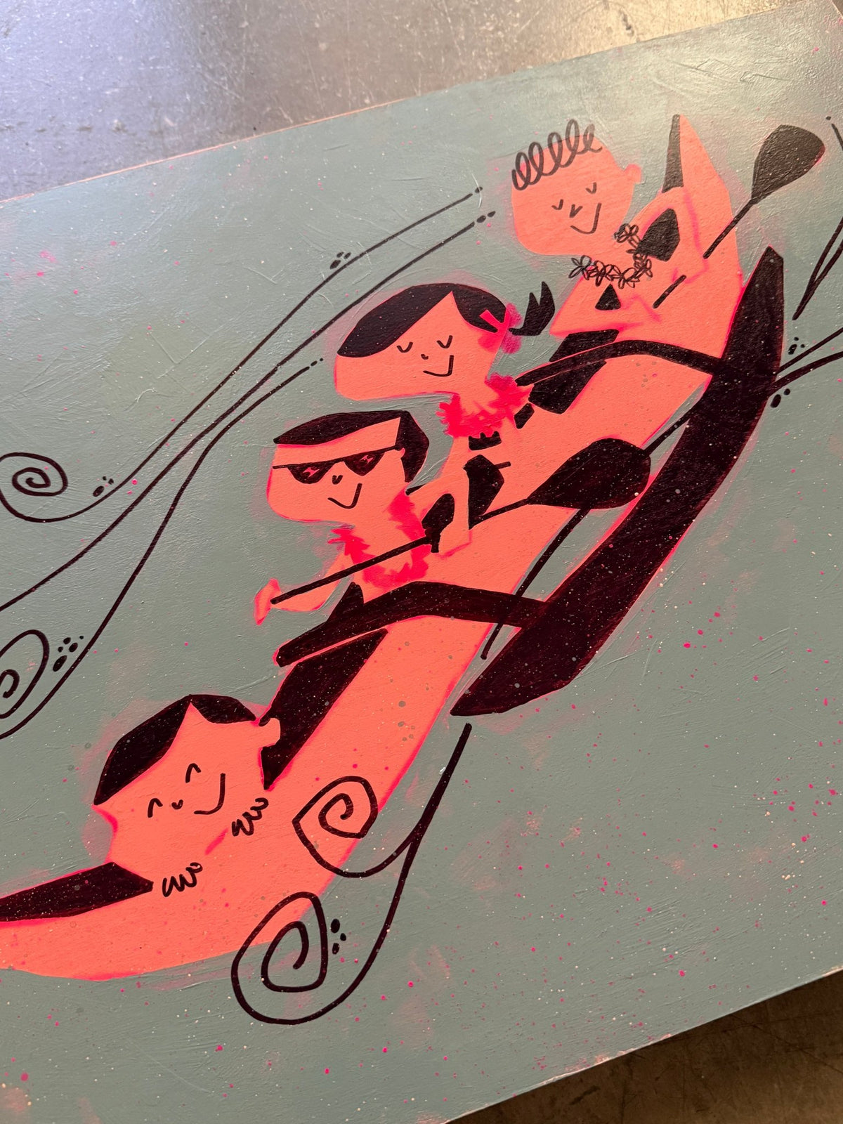 A close-up of a painted artwork showing four stylized cartoon figures in a long boat, with a pale blue-green background and black linework.