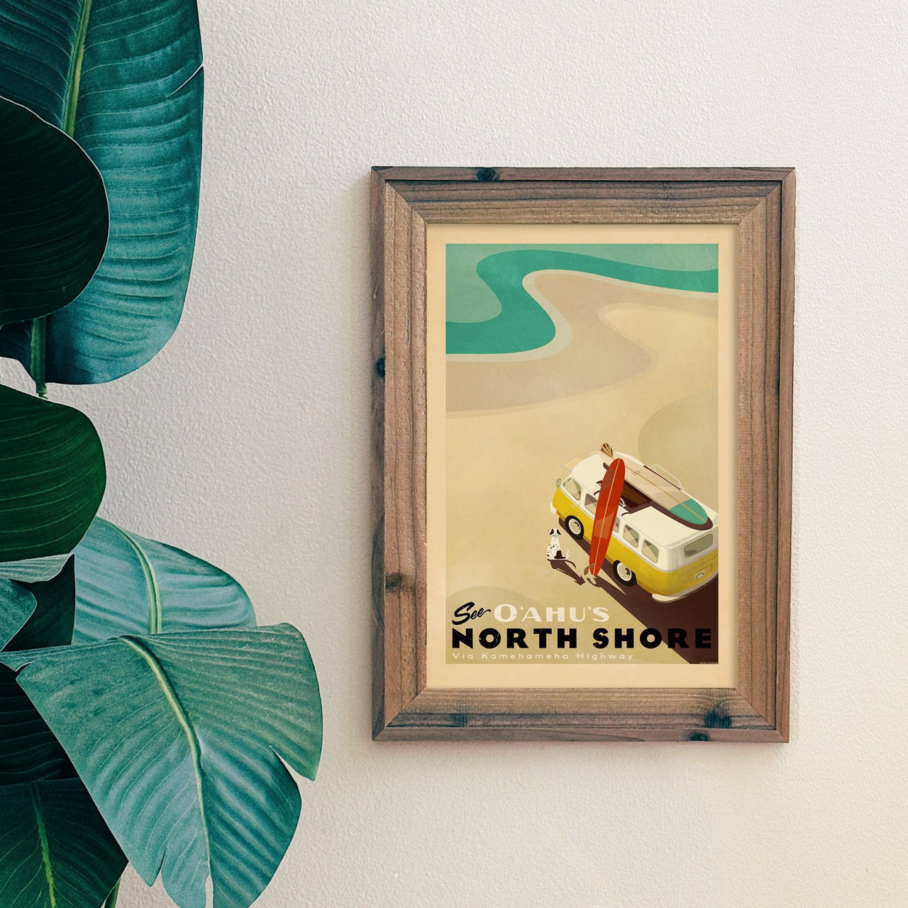 Framed See Oahu’s North Shore Hawaii travel art print displayed in coastal home interior