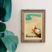 Framed See Oahu’s North Shore Hawaii travel art print displayed in coastal home interior