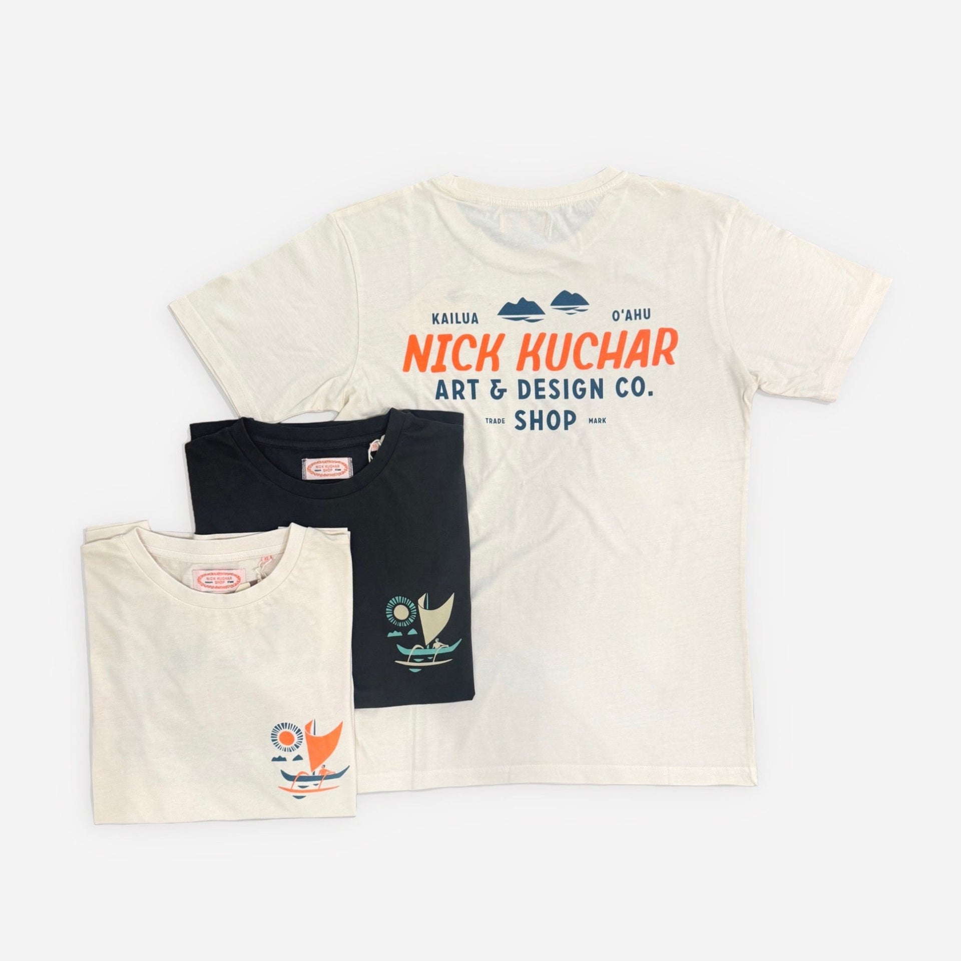 Three t-shirts with designs and text on a white background