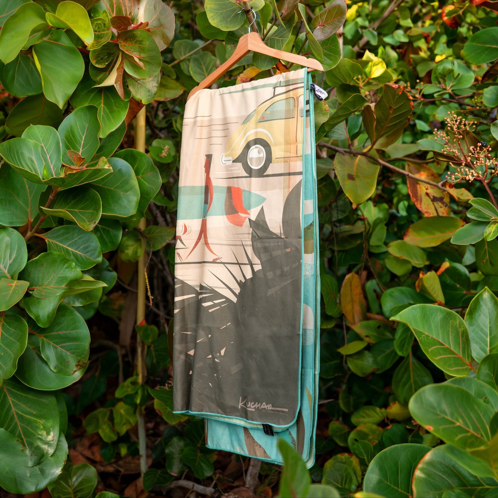 Microfiber beach towel hanging on a beach in hawaii