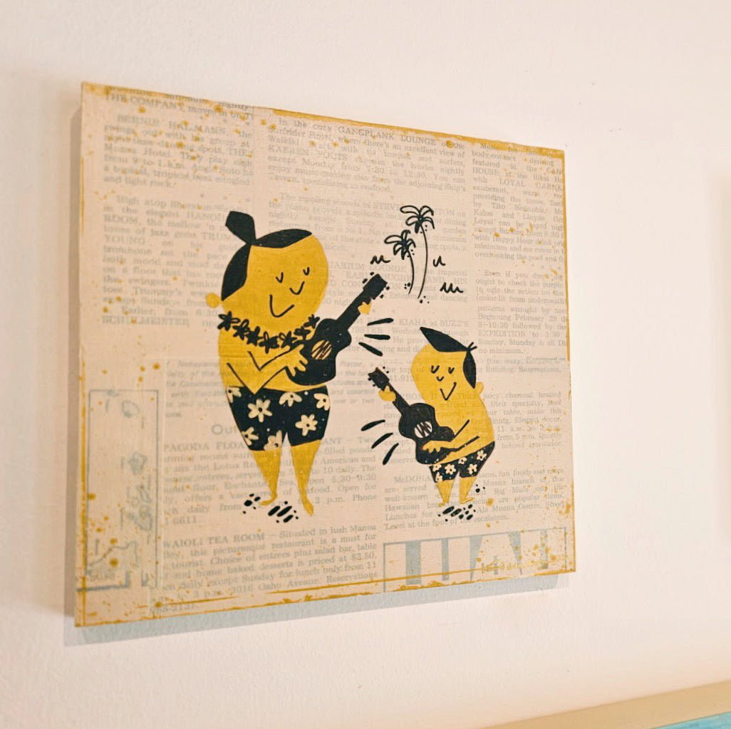 family playing ukulele art original by nick kuchar yellow