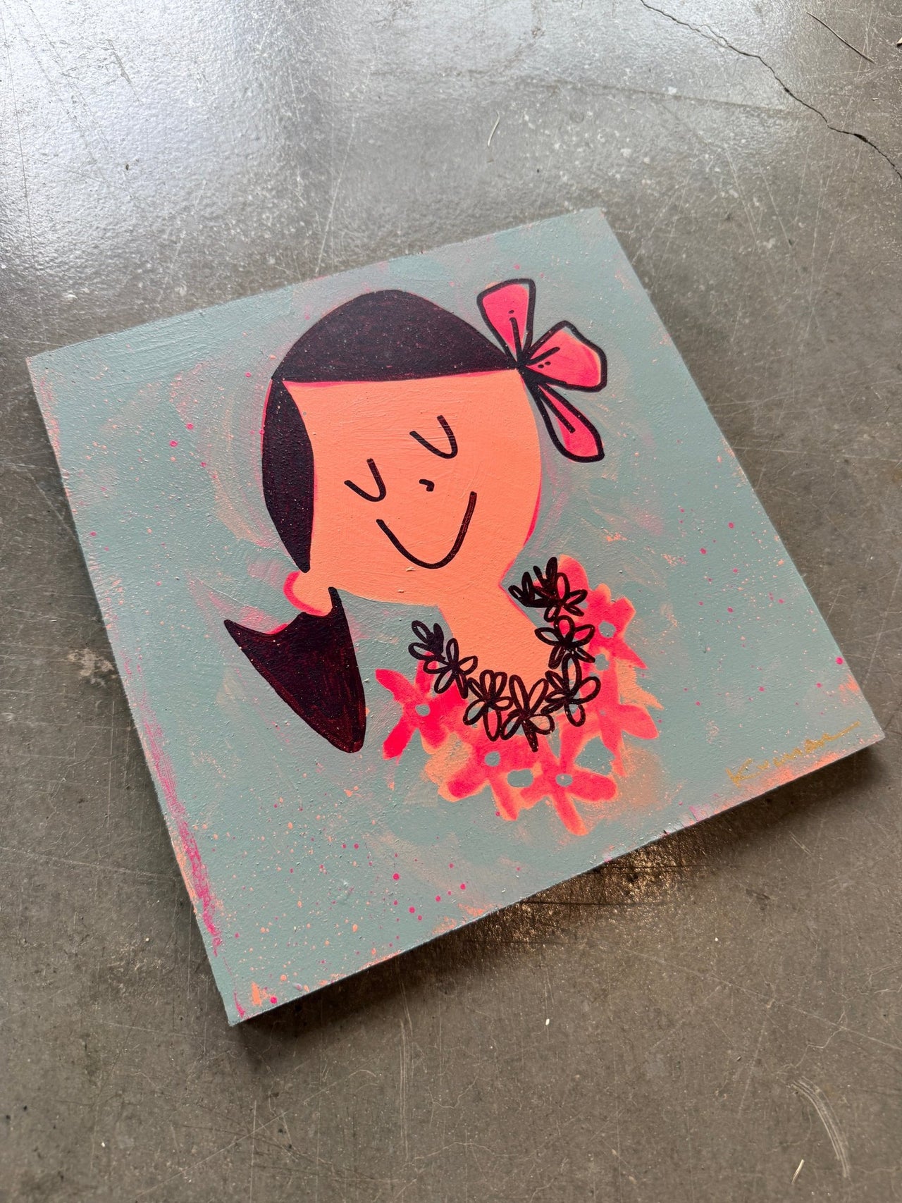 Cartoon-style illustration of a face with a bow on a textured surface