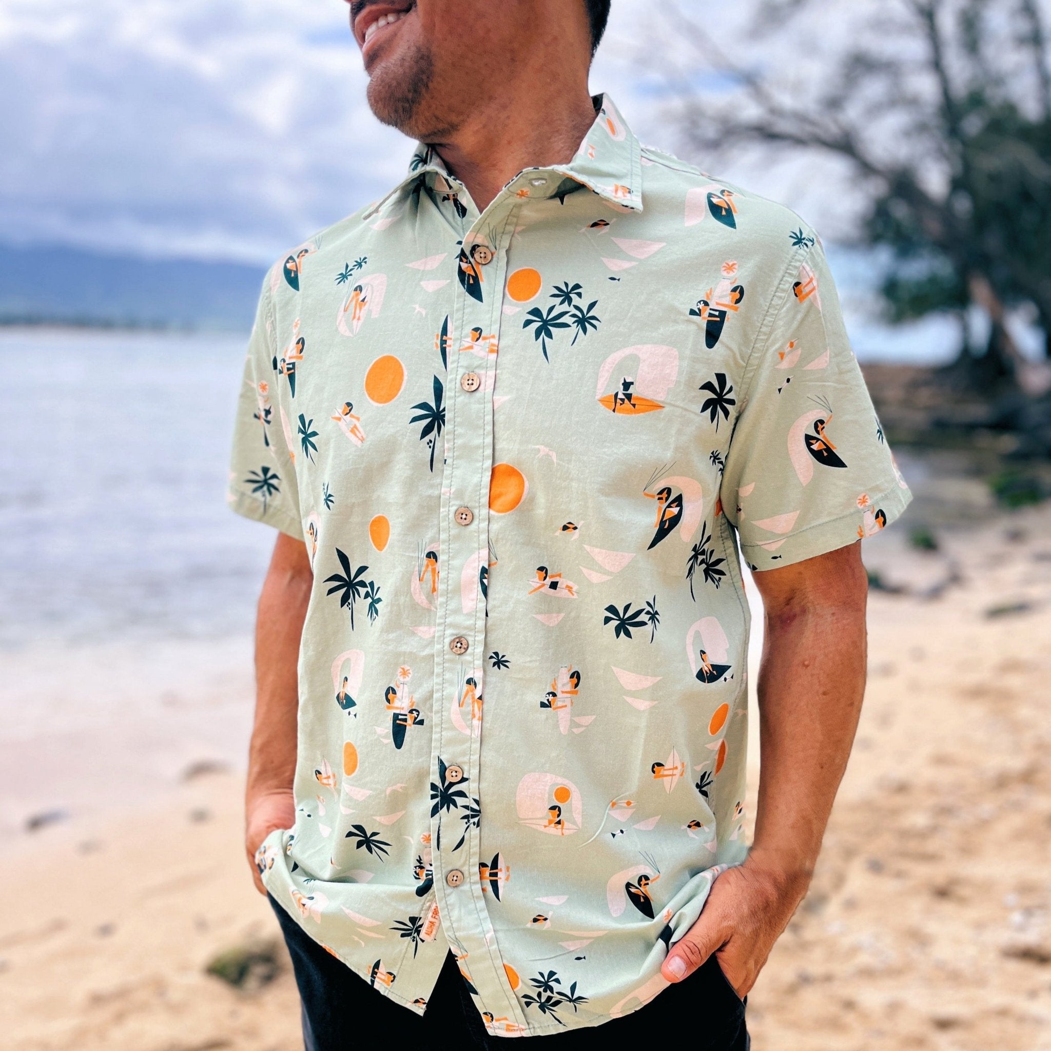 Wave Sliders Woven Hawaii Aloha Shirt - Aqua Green