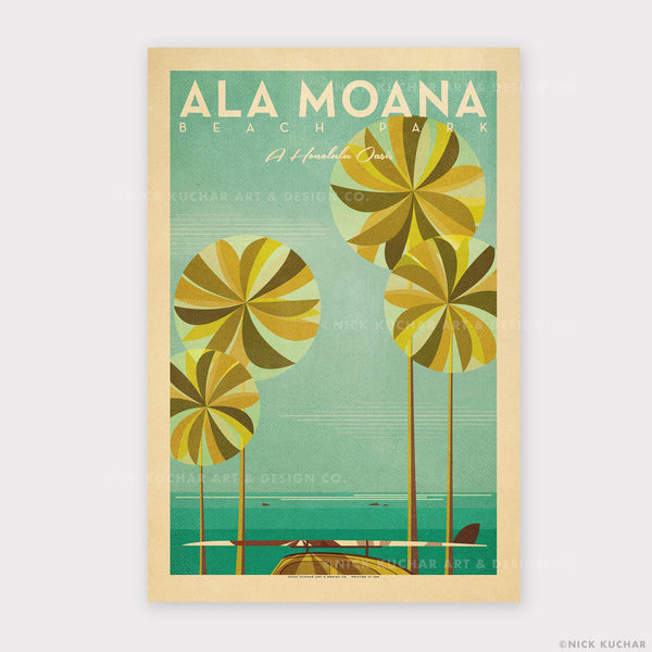 Ala Moana Beach Park 12x18 Hawaii Travel Poster Print