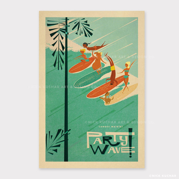 Canoes Waikiki Hawaii Retro Art Print Travel Poster Print