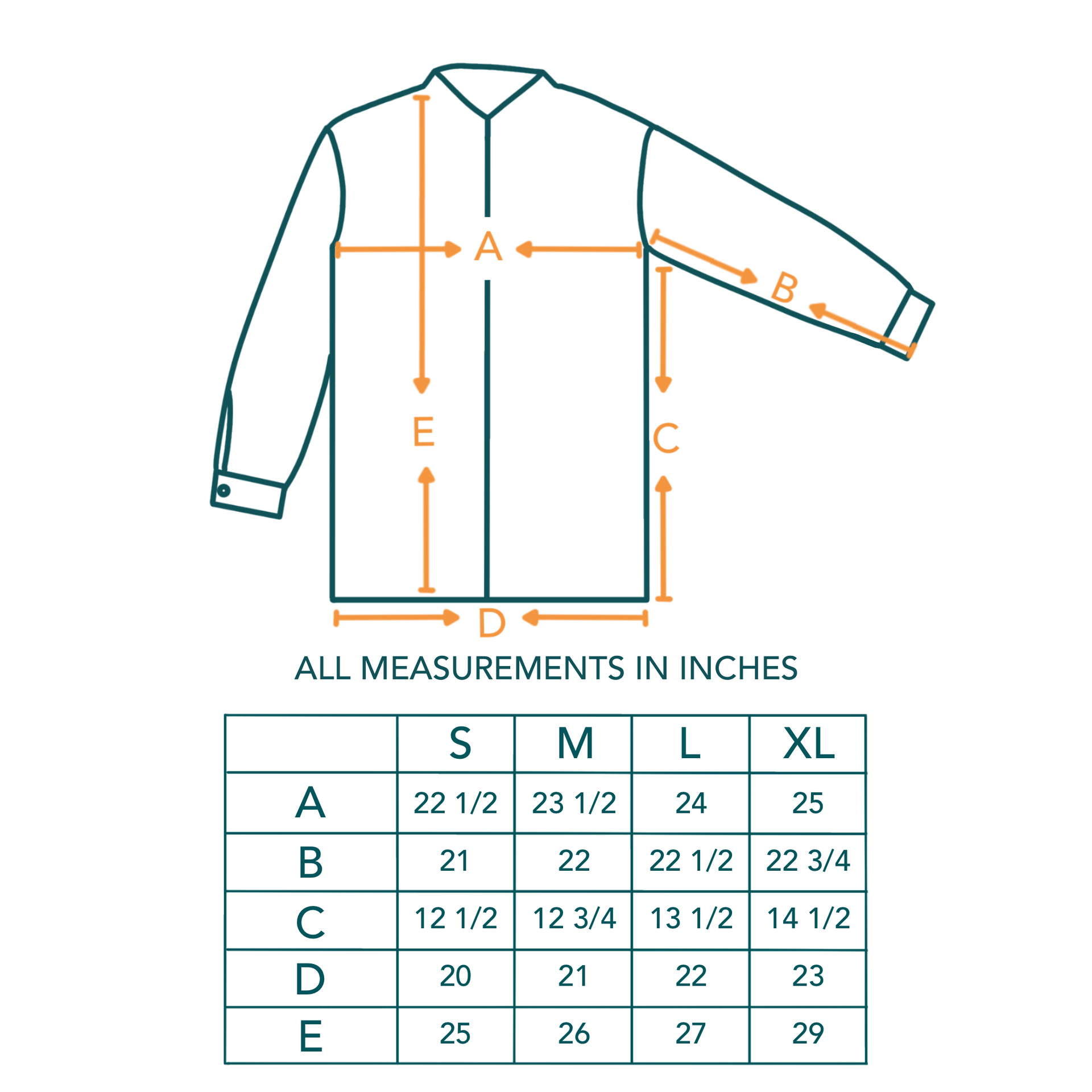 size chart of 60's style surf competition jacket by Nick Kuchar