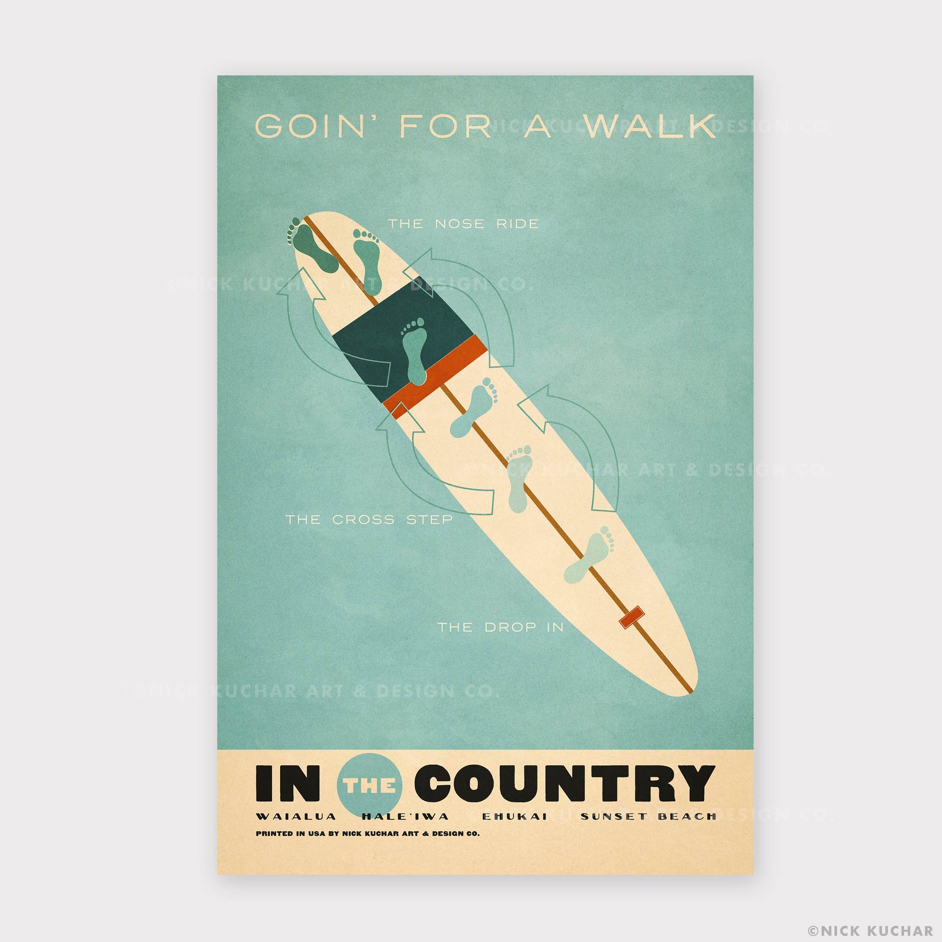 Going for a walk surfing north shore Retro Hawaii Travel Print
