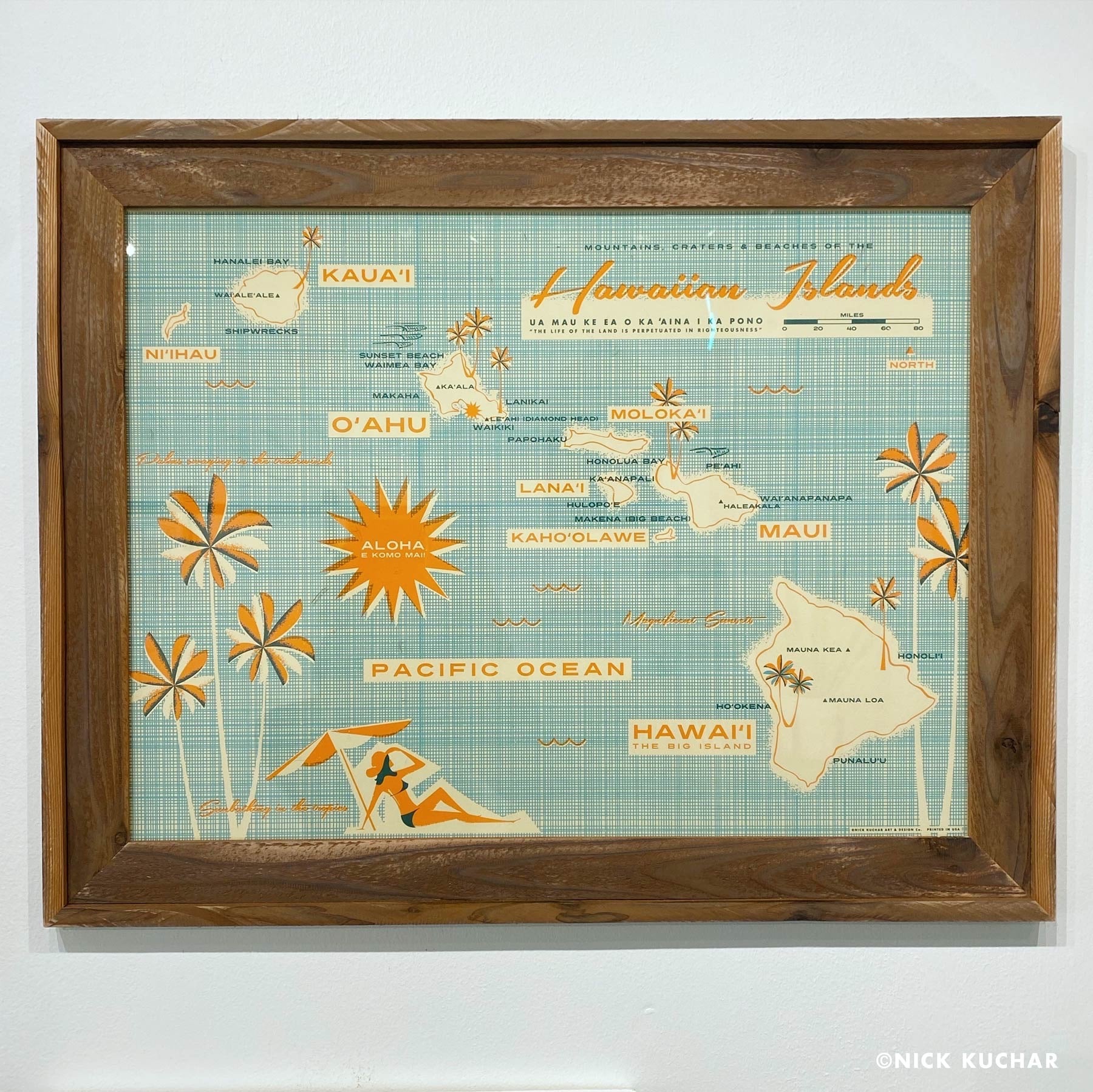 Barnwood handmade frame screen print Hawaiian Islands Map by Nick Kuchar
