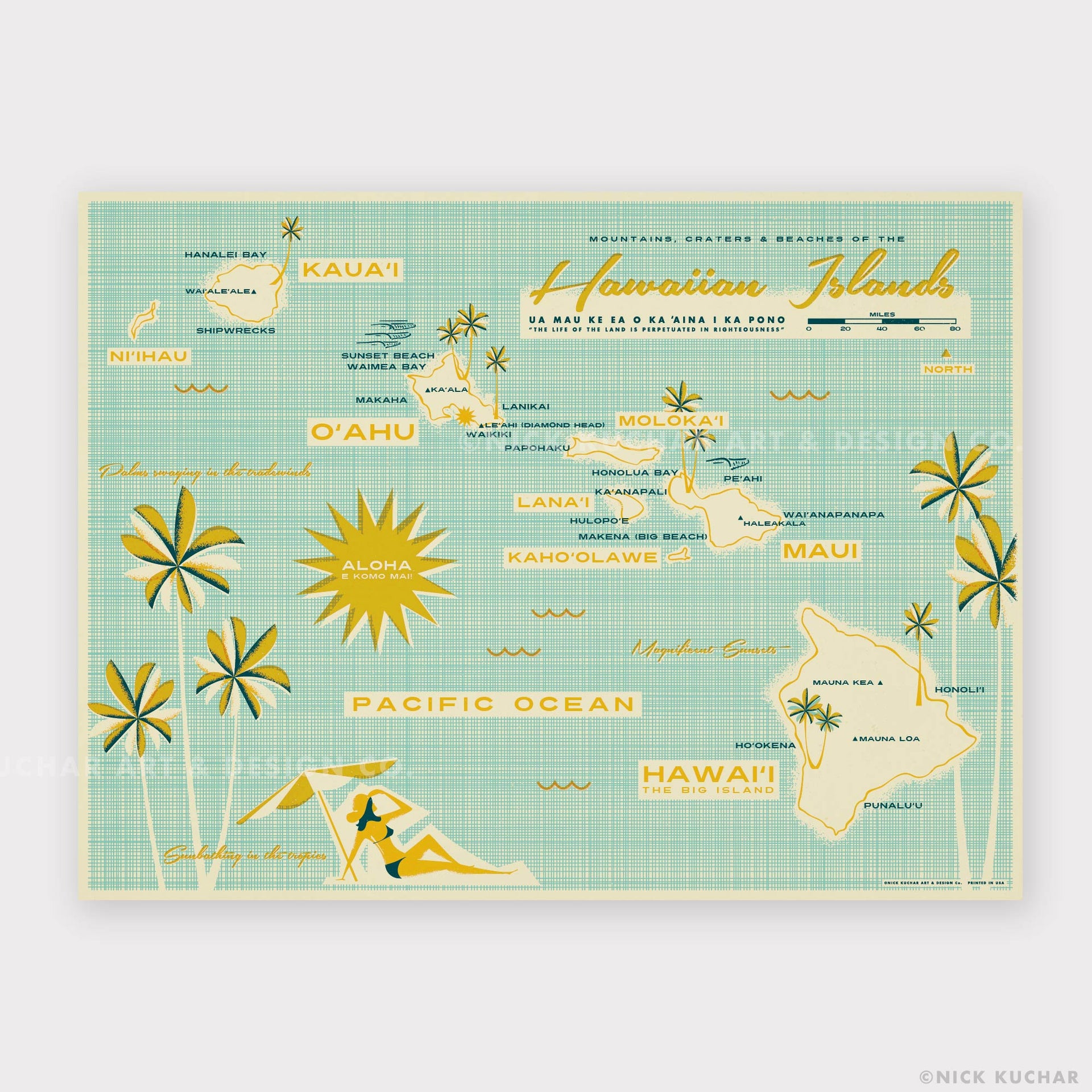 Hawaiian Islands Map Golden Yellow Light Aqua off-white by Nick Kuchar