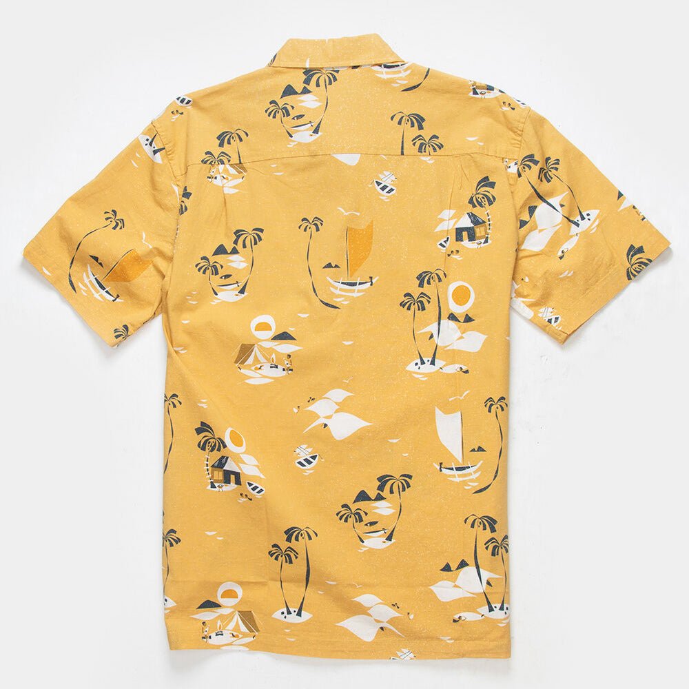 Rincon yellow button up aloha shirt Hawaii collaboration Hurley Nick Kuchar