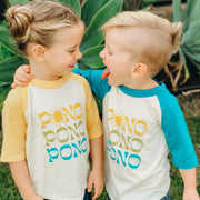 Pono Hawaii yellow teal kids tee design by Nick Kuchar