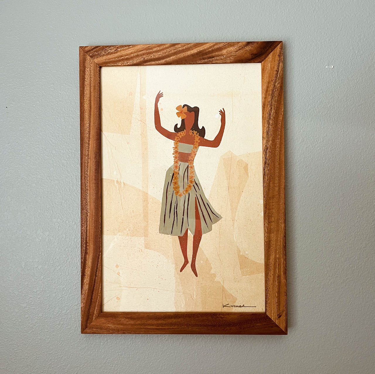 Make Lei original mixed media painting handmade monkeypod floating frame by Nick Kuchar