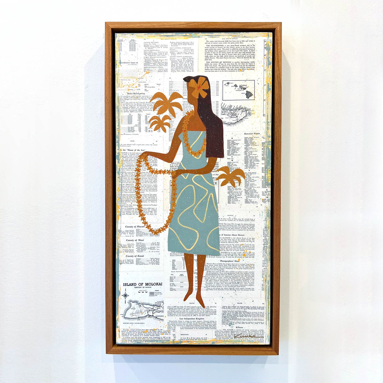 Make Lei original mixed media painting handmade monkeypod floating frame by Nick Kuchar