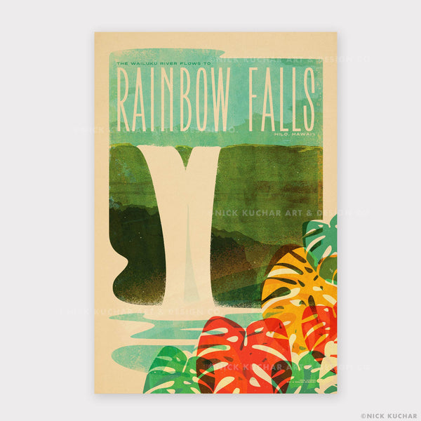 Rainbow Falls Big Island Retro Hawaii Travel Poster Print