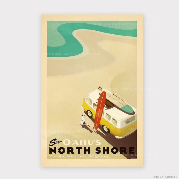 See Oahu's North Shore Van 12x18 Retro Hawaii Travel Print