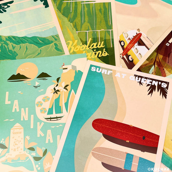 Pick 3 Retro Hawaii Travel Art Prints - Kauai Oahu Maui
