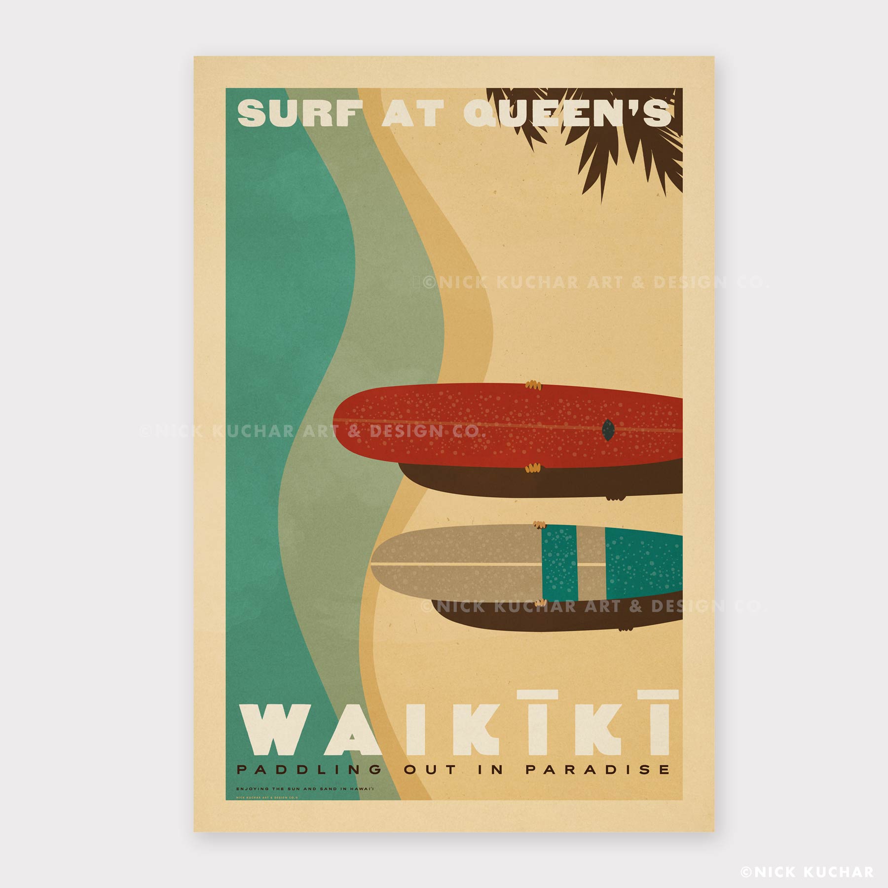 Queens Waikiki hawaii travel print by Nick Kuchar Oahu Surf Art